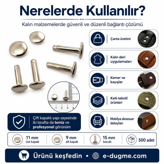 Double Cap Rivet 11 mm (0.43') Cap with 15 mm (0.59') Long Post and 9 mm (0.35') Bottom Cap Steel for leather, fabric, and