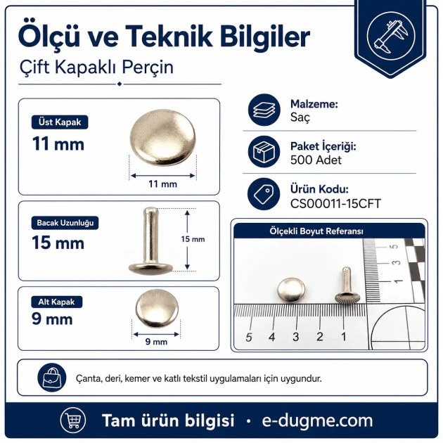 Double Cap Rivet 11 mm (0.43') Cap with 15 mm (0.59') Long Post and 9 mm (0.35') Bottom Cap Steel for leather, fabric, and