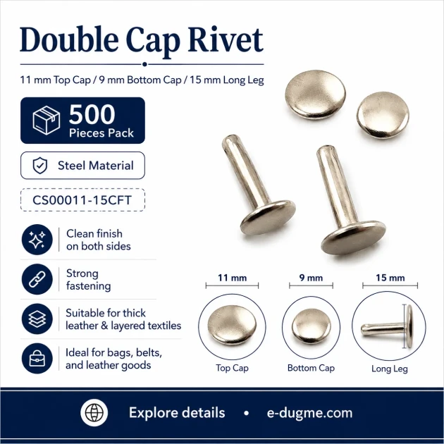 Double Cap Rivet 11 mm (0.43') Cap with 15 mm (0.59') Long Post and 9 mm (0.35') Bottom Cap Steel for leather, fabric, and