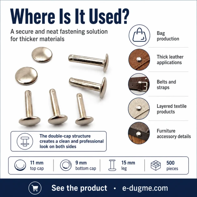 Double Cap Rivet 11 mm (0.43') Cap with 15 mm (0.59') Long Post and 9 mm (0.35') Bottom Cap Steel for leather, fabric, and
