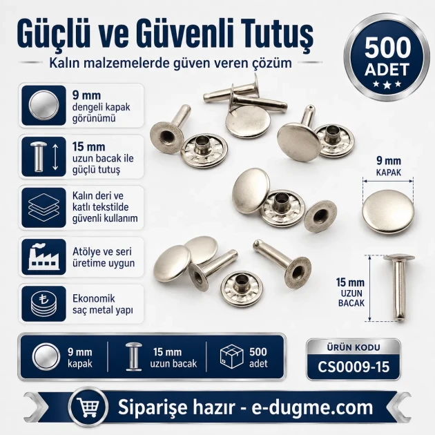 Standard 9 mm Rivet with 15 mm Long Post for Textile and Leather Accessories - 500 Pieces Pack