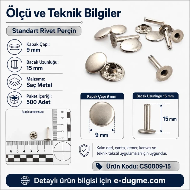 Standard 9 mm Rivet with 15 mm Long Post for Textile and Leather Accessories - 500 Pieces Pack