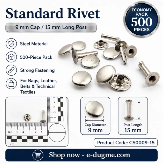 Standard 9 mm Rivet with 15 mm Long Post for Textile and Leather Accessories - 500 Pieces Pack