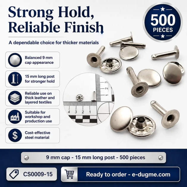 Standard 9 mm Rivet with 15 mm Long Post for Textile and Leather Accessories - 500 Pieces Pack