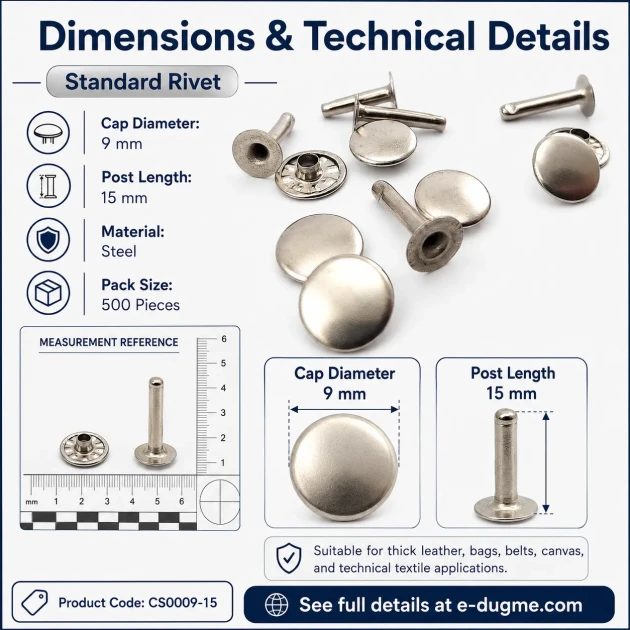 Standard 9 mm Rivet with 15 mm Long Post for Textile and Leather Accessories - 500 Pieces Pack