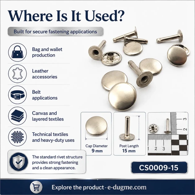 Standard 9 mm Rivet with 15 mm Long Post for Textile and Leather Accessories - 500 Pieces Pack