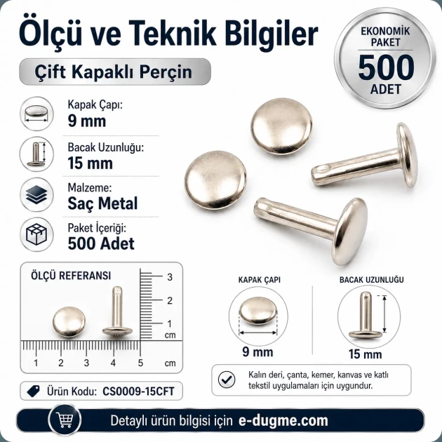 Double Cap Rivet 9 mm (0.35") Cap with 15 mm (0.59") Long Post Steel for Leather and Canvas Applications