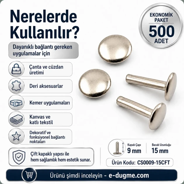 Double Cap Rivet 9 mm (0.35") Cap with 15 mm (0.59") Long Post Steel for Leather and Canvas Applications