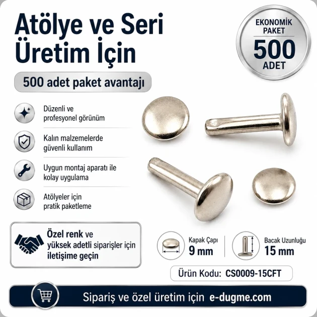 Double Cap Rivet 9 mm (0.35") Cap with 15 mm (0.59") Long Post Steel for Leather and Canvas Applications