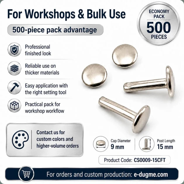 Double Cap Rivet 9 mm (0.35") Cap with 15 mm (0.59") Long Post Steel for Leather and Canvas Applications