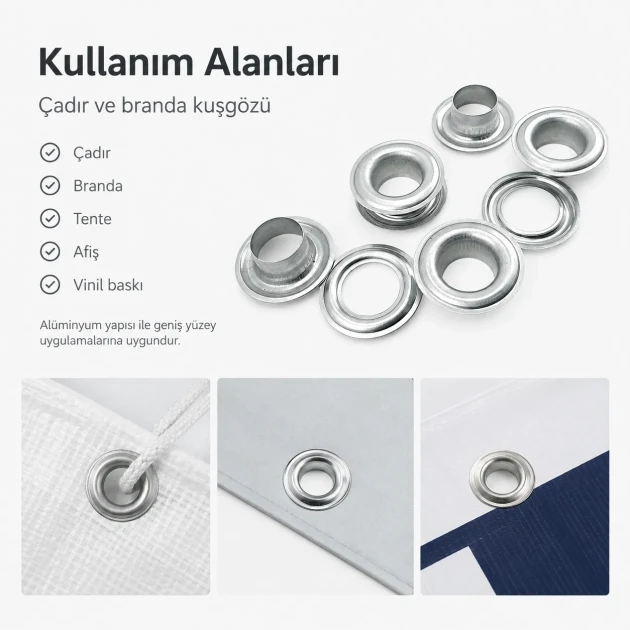 Aluminum Eyelet with 12.5 mm / 0.49 in Inner Diameter for Tarpaulin and Tent Applications, Lightweight and Rustproof for