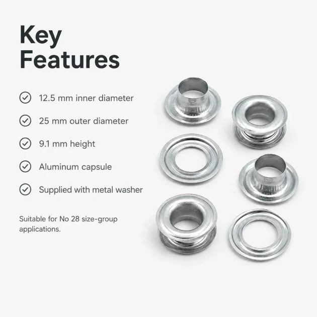 Aluminum Eyelet with 12.5 mm / 0.49 in Inner Diameter for Tarpaulin and Tent Applications, Lightweight and Rustproof for