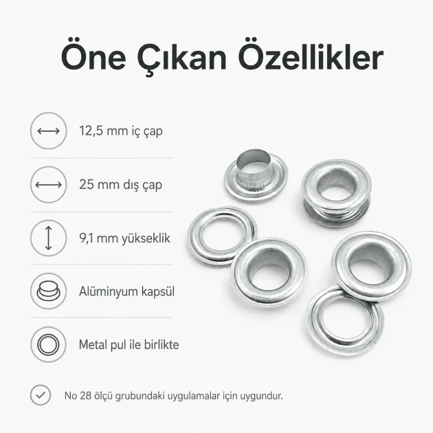 Aluminum Eyelet with 12.5 mm / 0.49 in Inner Diameter for Tarpaulin and Tent Applications, Lightweight and Rustproof for
