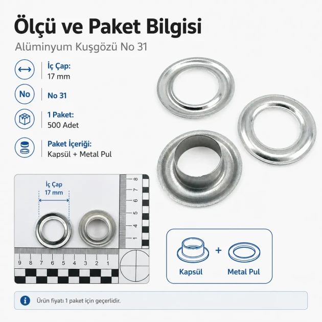 Aluminum Eyelet with 17 mm / 0.67 in Inner Diameter for Tarpaulin and Outdoor Textiles