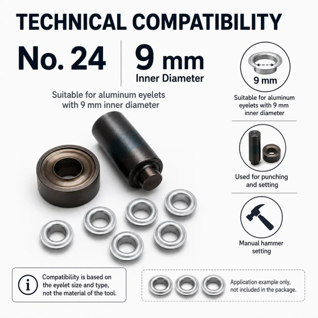 Size 24 Aluminum Eyelet Hand Punch and Setting Tool 9 mm (0.35 in) for manual installation of aluminum eyelets on textile