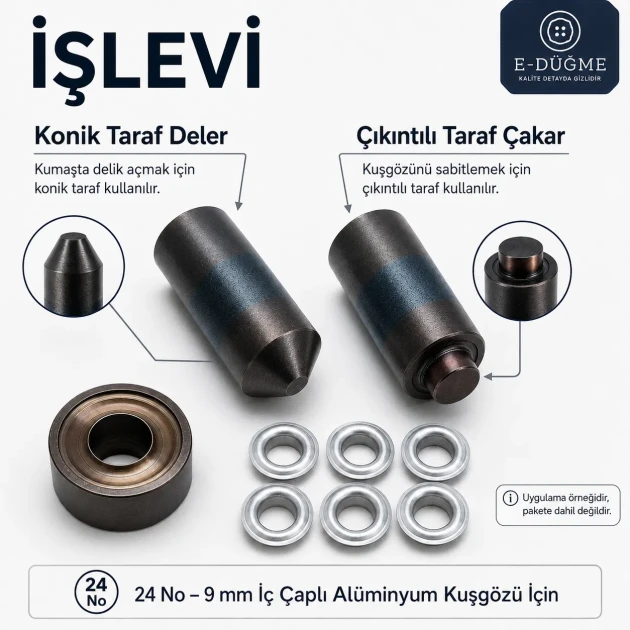 Size 24 Aluminum Eyelet Hand Punch and Setting Tool 9 mm (0.35 in) for manual installation of aluminum eyelets on textile