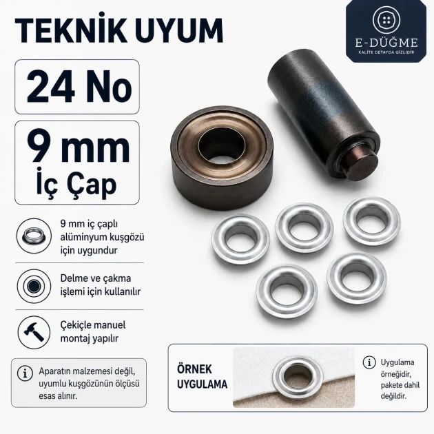 Size 24 Aluminum Eyelet Hand Punch and Setting Tool 9 mm (0.35 in) for manual installation of aluminum eyelets on textile