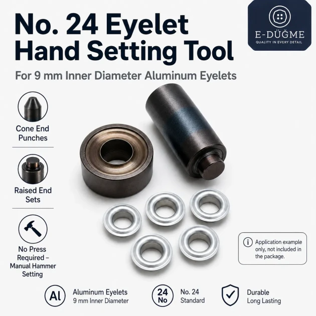 Size 24 Aluminum Eyelet Hand Punch and Setting Tool 9 mm (0.35 in) for manual installation of aluminum eyelets on textile