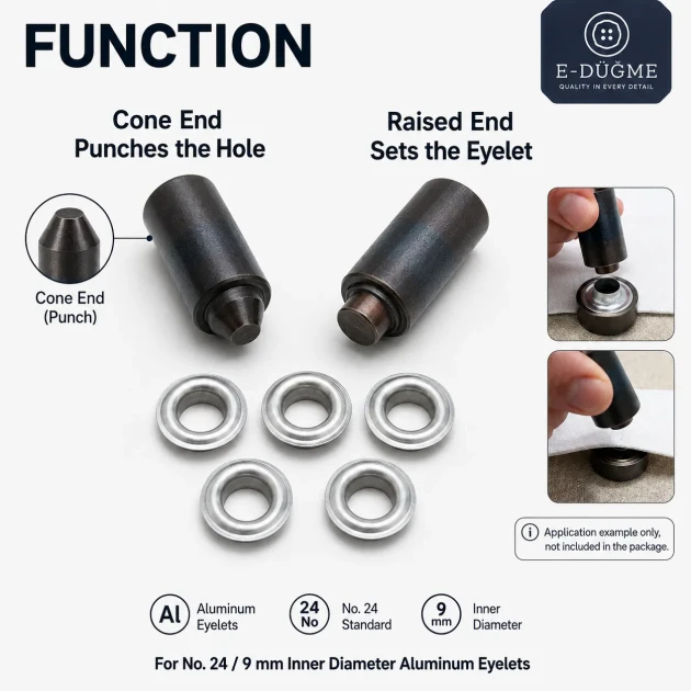 Size 24 Aluminum Eyelet Hand Punch and Setting Tool 9 mm (0.35 in) for manual installation of aluminum eyelets on textile
