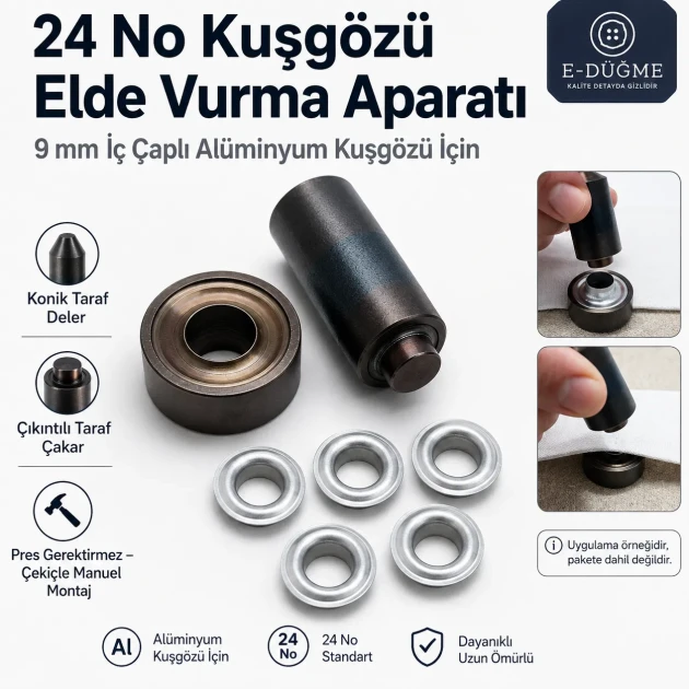 Size 24 Aluminum Eyelet Hand Punch and Setting Tool 9 mm (0.35 in) for manual installation of aluminum eyelets on textile