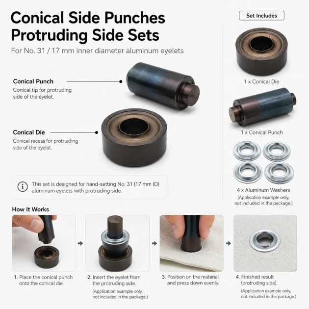 Size 31 Aluminum Eyelet Hand Punch and Setting Tool 17 mm (0.67 in) for manual installation of Size 28 aluminum eyelets on