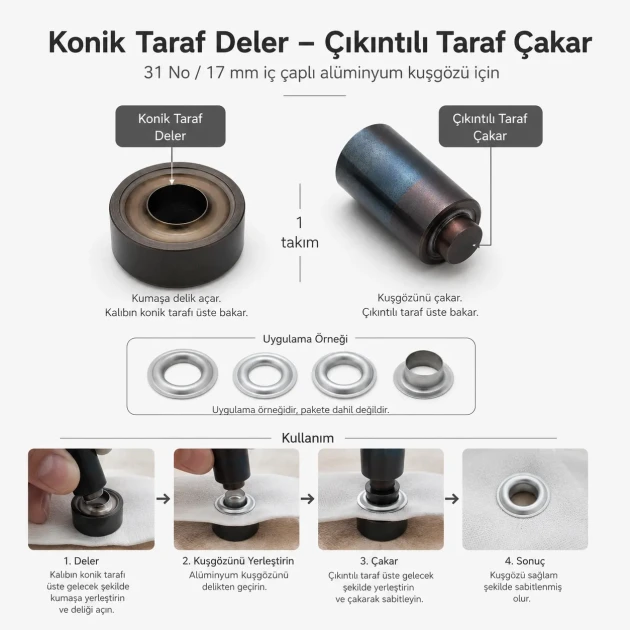 Size 31 Aluminum Eyelet Hand Punch and Setting Tool 17 mm (0.67 in) for manual installation of Size 28 aluminum eyelets on