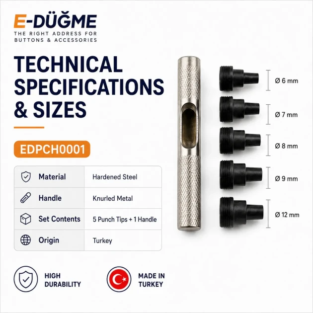 Delik Delme Kalıbı Punch Set 6 mm 7 mm 8 mm 9 mm 12 mm EDPCH0001 - Hassas delik açma aparatı