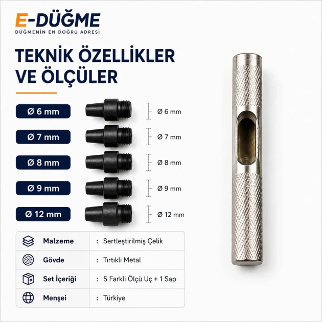 Delik Delme Kalıbı Punch Set 6 mm 7 mm 8 mm 9 mm 12 mm EDPCH0001 - Hassas delik açma aparatı