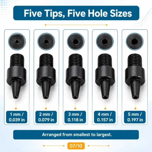 Hole Punch Set with 1–5 mm Interchangeable Tips for Snaps, Eyelets, Rivets, and Accessories