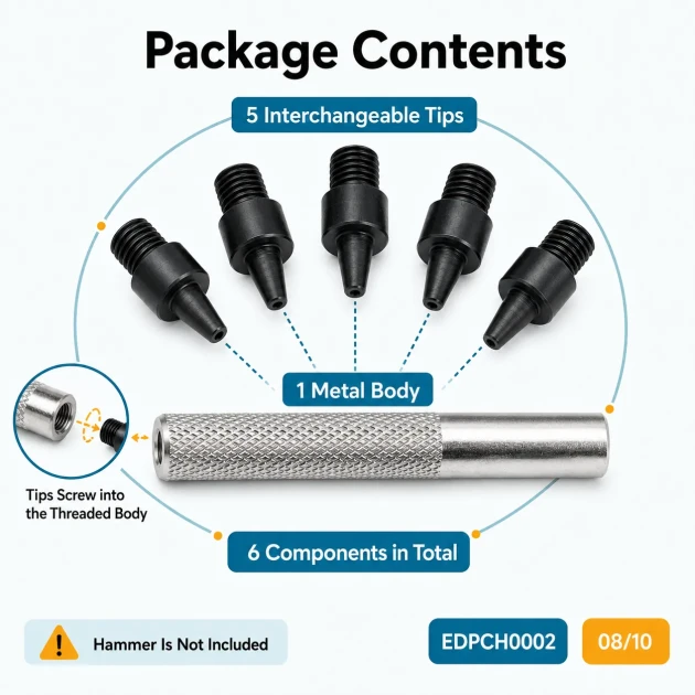 Hole Punch Set with 1–5 mm Interchangeable Tips for Snaps, Eyelets, Rivets, and Accessories