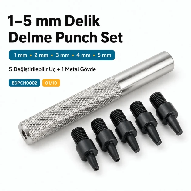 Hole Punch Set with 1–5 mm Interchangeable Tips for Snaps, Eyelets, Rivets, and Accessories