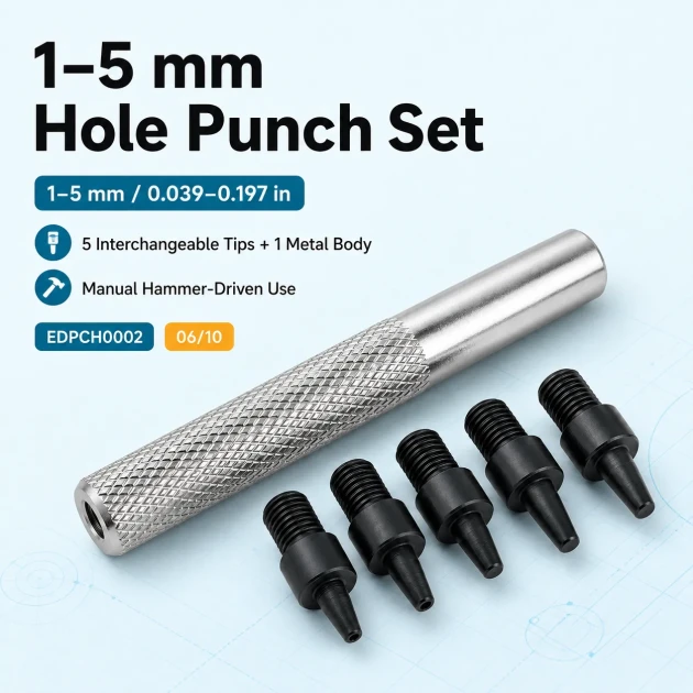 Hole Punch Set with 1–5 mm Interchangeable Tips for Snaps, Eyelets, Rivets, and Accessories
