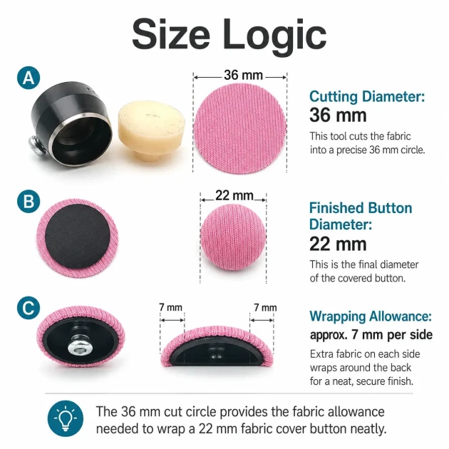 36L / 22 mm / 0.87 in Fabric Cutting Die for Cover Buttons, designed for precise fabric cutting in button production