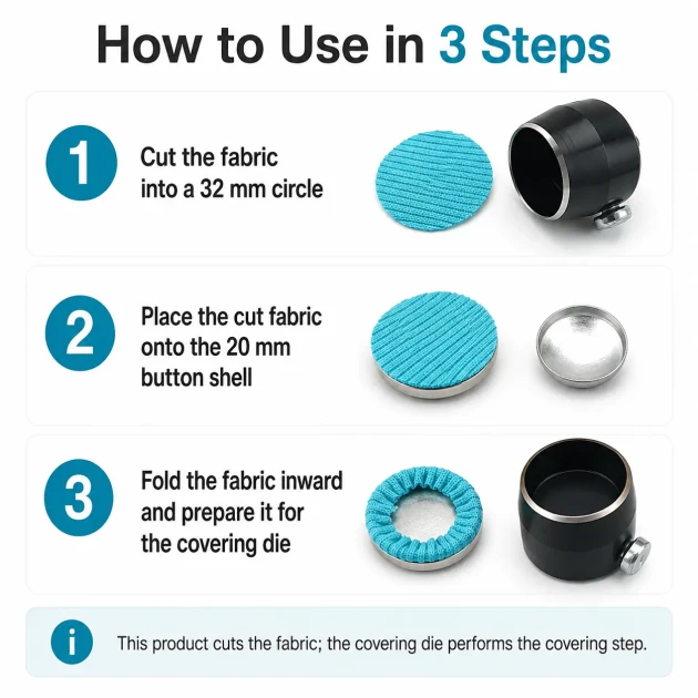 32L 20 mm 0.79 in Fabric Cutting Die for Cover Buttons, precision tool for cutting fabric pieces for button production