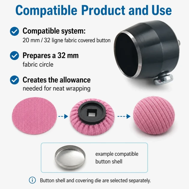 32L 20 mm 0.79 in Fabric Cutting Die for Cover Buttons, precision tool for cutting fabric pieces for button production