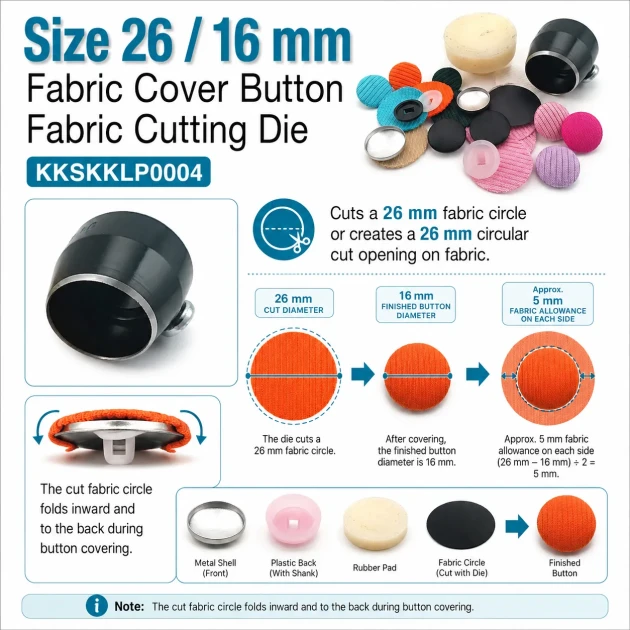 26L 16 mm fabric cutting die for cover buttons, designed for precise fabric cutting in button production