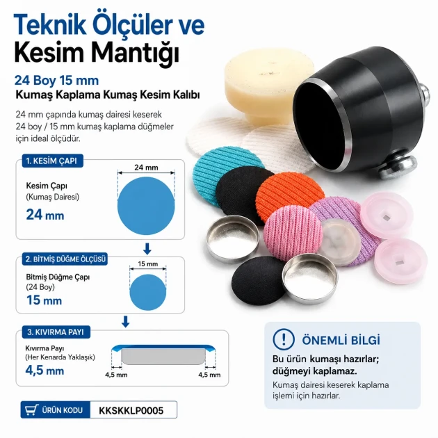 24L / 15 mm / 0.59 in Fabric Cutting Die for Cover Buttons, designed for precise fabric cutting in button production