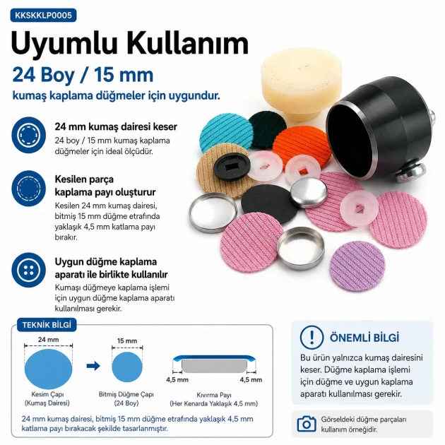 24L / 15 mm / 0.59 in Fabric Cutting Die for Cover Buttons, designed for precise fabric cutting in button production