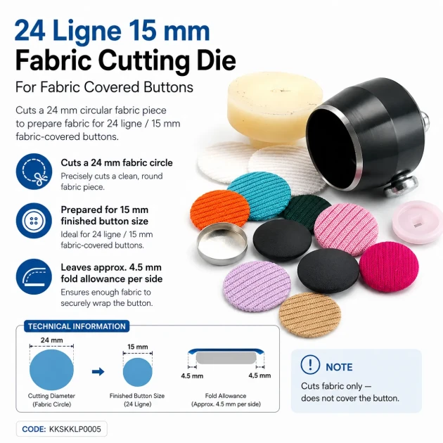 24L / 15 mm / 0.59 in Fabric Cutting Die for Cover Buttons, designed for precise fabric cutting in button production