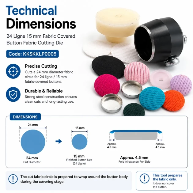 24L / 15 mm / 0.59 in Fabric Cutting Die for Cover Buttons, designed for precise fabric cutting in button production