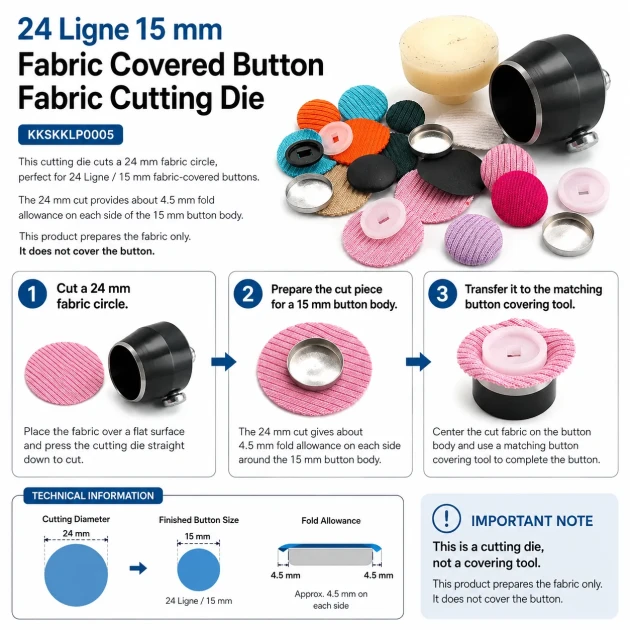 24L / 15 mm / 0.59 in Fabric Cutting Die for Cover Buttons, designed for precise fabric cutting in button production
