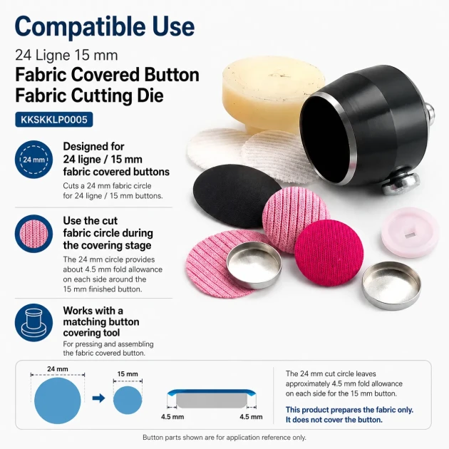 24L / 15 mm / 0.59 in Fabric Cutting Die for Cover Buttons, designed for precise fabric cutting in button production