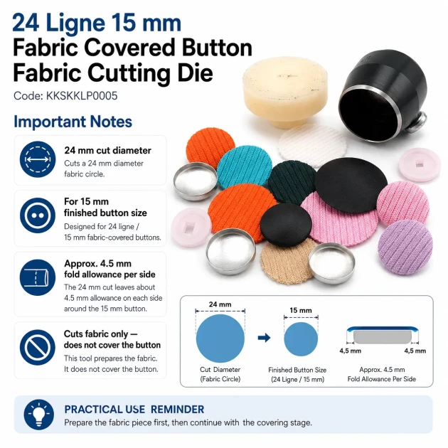 24L / 15 mm / 0.59 in Fabric Cutting Die for Cover Buttons, designed for precise fabric cutting in button production