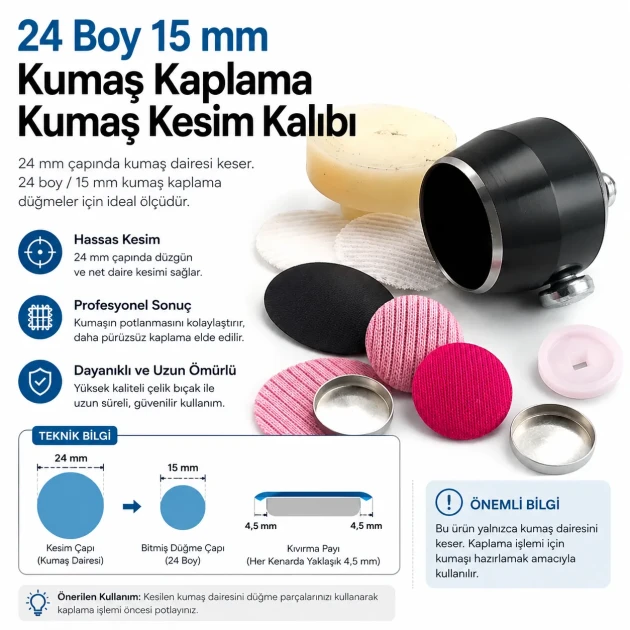 24L / 15 mm / 0.59 in Fabric Cutting Die for Cover Buttons, designed for precise fabric cutting in button production