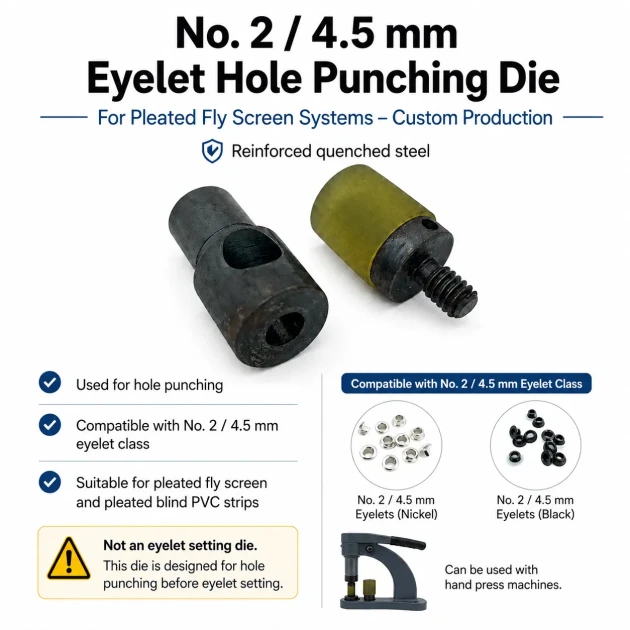 Custom Pleated Screen Eyelet Hole-Punch Die for 4.5 mm / 0.177 in Eyelets, precision tool for fabric, leather, and cardboard