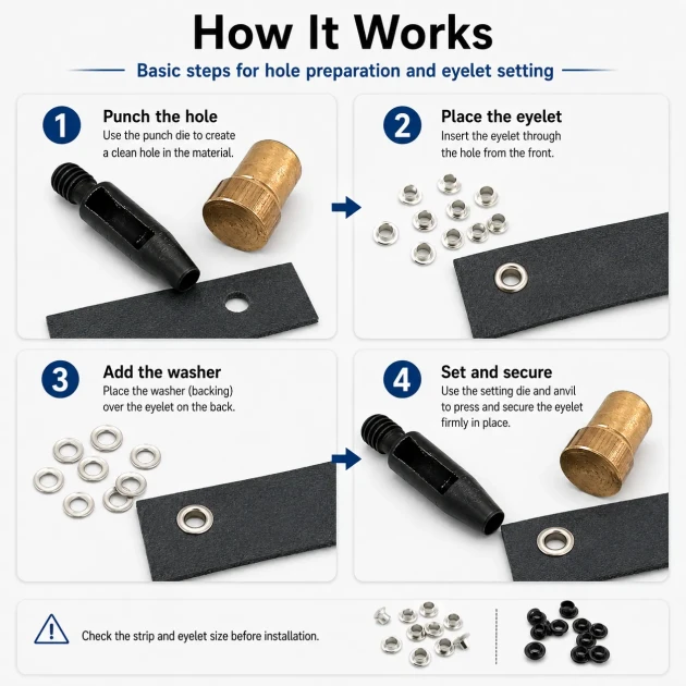 Pleated Screen Eyelet Setting and Hole-Punch Die Starter Set for 4.5 mm / 0.177 in Eyelets - Custom hole-punch die for PVC