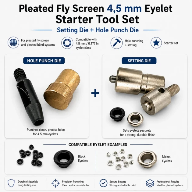 Pleated Screen Eyelet Setting and Hole-Punch Die Starter Set for 4.5 mm / 0.177 in Eyelets - Custom hole-punch die for PVC
