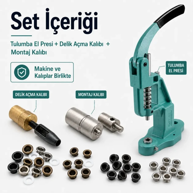 2 No 4,5 mm Plise Sineklik Kuşgözü Montaj ve Delik Açma Kalıbı El Presli Makineli Başlangıç Seti