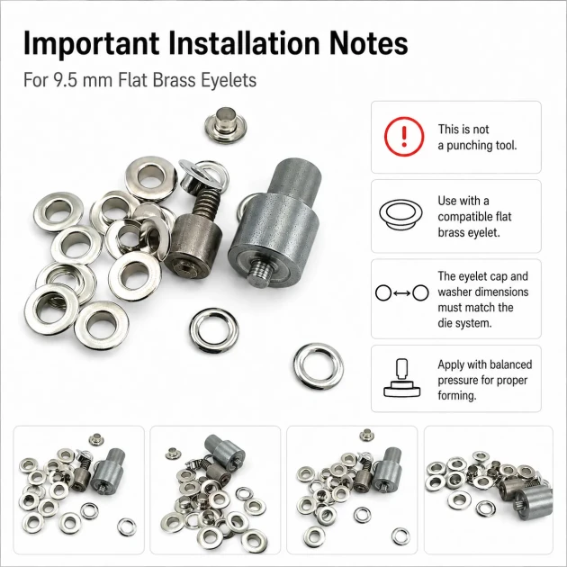 Flat Eyelet Setting Die for 9.5 mm / 0.37 in Brass Eyelets, Durable Iron Construction, Compatible with Hand Press Machines