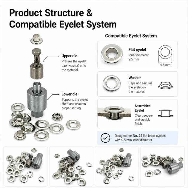 Flat Eyelet Setting Die for 9.5 mm / 0.37 in Brass Eyelets, Durable Iron Construction, Compatible with Hand Press Machines